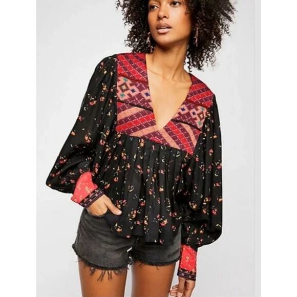 Free People Lady Lou embroidered peasant blouse floral bishop sleeve boho small - Picture 1 of 11